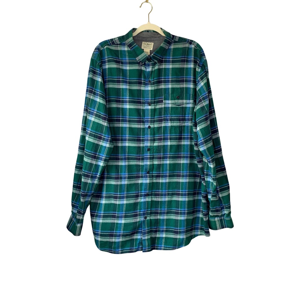 LL Bean Mens XL Tall Flannel Shirt Slightly‎ Fitted Green Blue Plaid